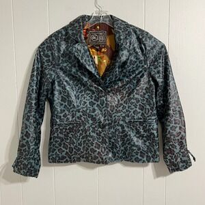 CHI by Falchi Blue Teal Leopard Print Faux Leather Jacket Women's‎ Size M